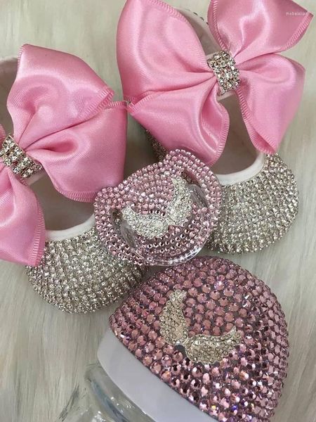 Erste Walkers Dollbling geborene POGROGRABY Baby Girl Royal Crown Personalisierte Geschenk Kindergarten -Deco Bling Pink Strass Schuhe Stoffband Set