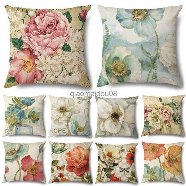 Pillow Case Vintage Cotton Leinen Rosenblüten Sofa Dekorative Kissenbedeckung Hülle 45*45 Wurf Home Decor Cover HKD230817