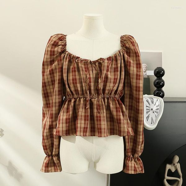 Женские блузки корейская модная женская блузя винтажная квадратная квадратная рубашка с длинным рукавом осень плиссированная талия с губами