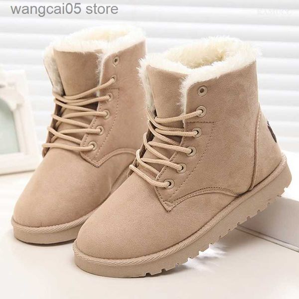 Stiefel 2022 Frauen Winter Schneestiefel warme flache Plattform Plattform Schnürung Damen Frauenschuhe neue Herdenfell Wildleder-Knöchelstiefel 35-43 T230817