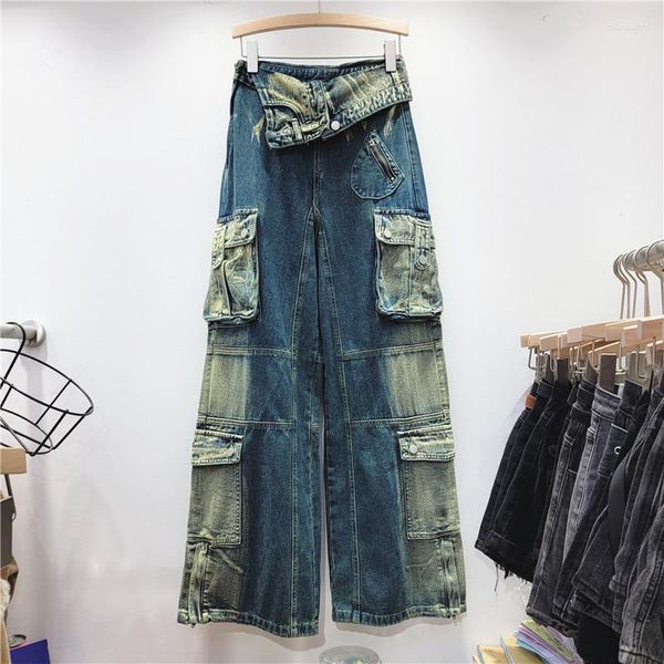 Frauen Jeans Bugilaku Streetwear Mode unregelmäßige Denim Frauen hohe Taschen Taschen Frachthosen Frauen lässig All-Match Straight Capris