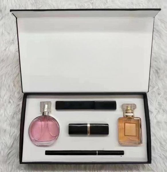 Marca conjunto de maquiagem perfume batons delineador rímel 5 em 1 com caixa lábios kit cosméticos para presente feminino