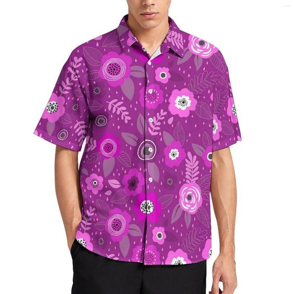 Camisas casuais masculinas elegantes Ditsy Floral Purple Flowers Camisa de praia Bloups de rua do Hawaii Man Tamanho grande personalizado