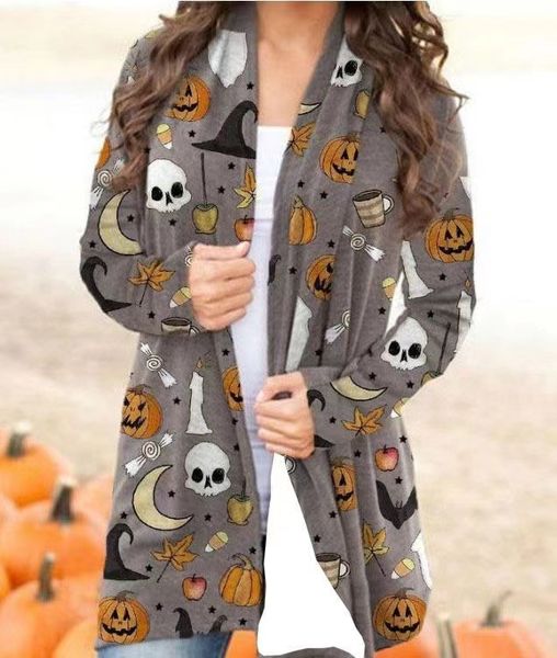 2023 camisas dessinger feminino halloween cardigan crânio besta de abóbora Padrão de abóbora Digital Sweaters de manga longa de mangas longas Halloween Casaco temático HBP