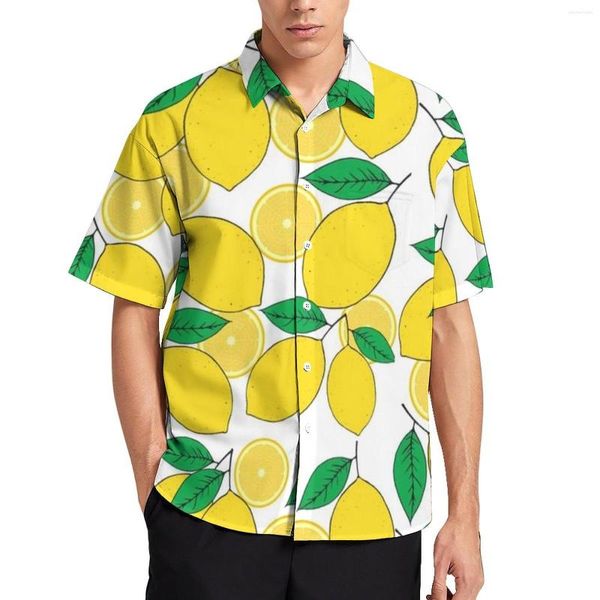 Camisas casuais masculinas Camisa de férias de estampa de limão folhas verdes Hawaiian Man Style Style Bloups