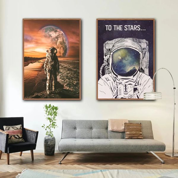 Astronauten Raumplakate und Drucke Astronaut Space Mond Canvas Malerei Wandkunst Schlafzimmer Lebendige Jungen Zimmer Home Decor No Frame Wo6