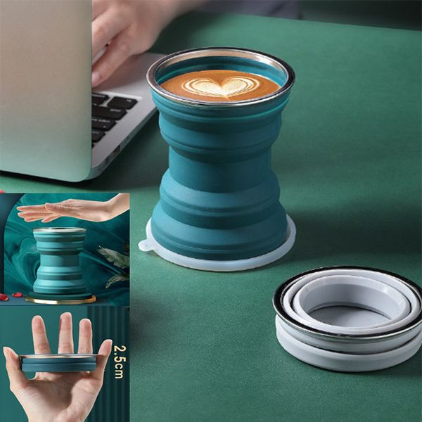 Tazze da 320 ml di silicone portatile pieghevole tazza d'acqua per esterni resistenti a calore resistente alla tazza pieghevole pieghevole telescopica con coperchio per il campeggio da viaggio 230817