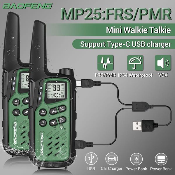 Walkie Talkie 2 Pack Baofeneng MP25 PMR4 FRS Uzun Aralıklı Şarj Edilebilir C Tip C Tip Mini LCD Ekran El Feneri İki Yollu Radyo 230816