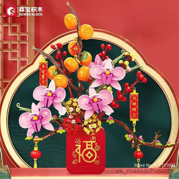 Blocks Sembo New Year Bouquet Light Music Box Building Decoration Chinese per Flowers Flowers Flowers Orange Tree New Year Gift R230817