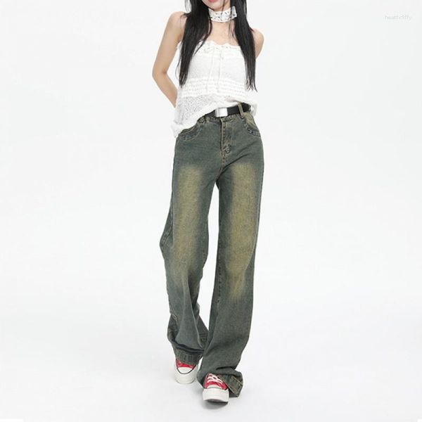 Jeans femininos estilo retro vintage calças de perna reta para mulheres versão coreana