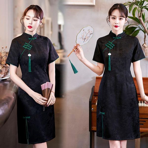 Ethnische Kleidung traditioneller chinesischer Retro Schwarz verbesserte Cheongsam Sommer Kurzarm Qipao Kleid