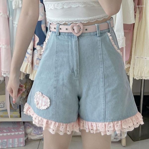 Kadın şortları mavi vintage dantel fırfır kot pantolon kadın tatlı ekose baskı yüksek bel denim kısa pantolon harajuku kawaii y2k estetik kıyafetler