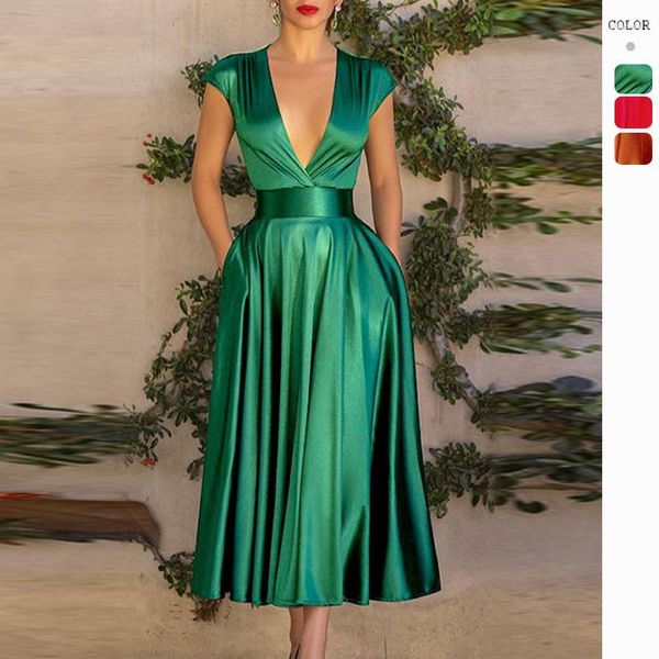 Lässige Kleider Grüne Elegante lange Party für Frauen Mode tiefe V-Ausschnitt-Ärmel Swing Prom Kleid Femalel Sexy Nachtclub Abendkleid