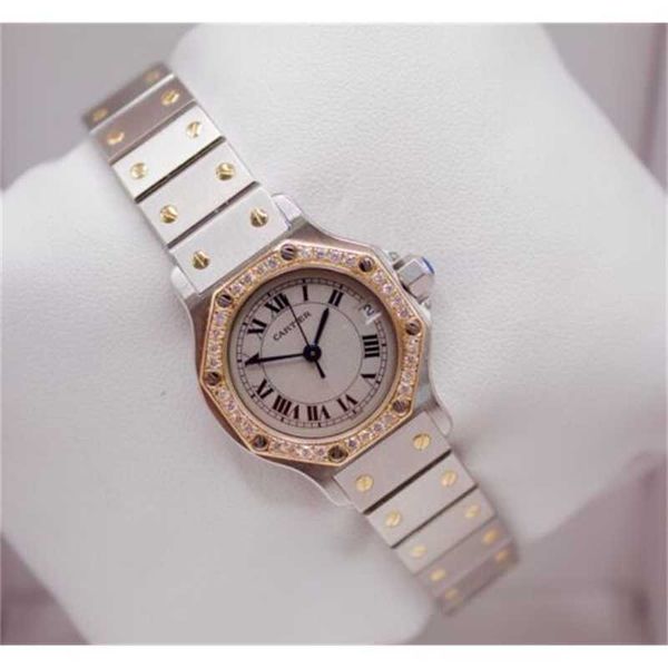 Relógios de luxo Ct Swiss Made Relógios Ct Santos Octagon 25mm Moldura de diamante personalizada Mostrador branco Relógio de dois tons B/p HBNW