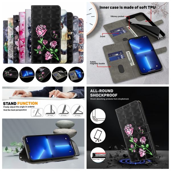 Модные 3D кожаные чехлы-кошельки для Iphone 15 Plus 15 Pro Max Iphone15 Samsung S23 FE A25 A35 A55 5G Стильный цветок Роза Сакура Бабочка Cat Слот для карт Откидная крышка Чехол