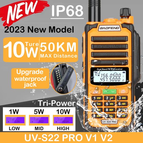 Walkie Talkie 2023 Baofeng UV S22 Pro V2 IP68 Impermeável 10W Tipo C Tipo C poderoso UHF VHF Long Range UV 9R Plus Radio 230816