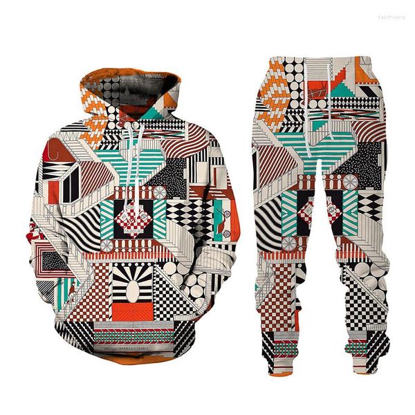 Men's Tracksuits Streetwear estilo 3D Geometria impressa capuz/calça/terno Casual Kids Boys/Pullover masculino Conjunto