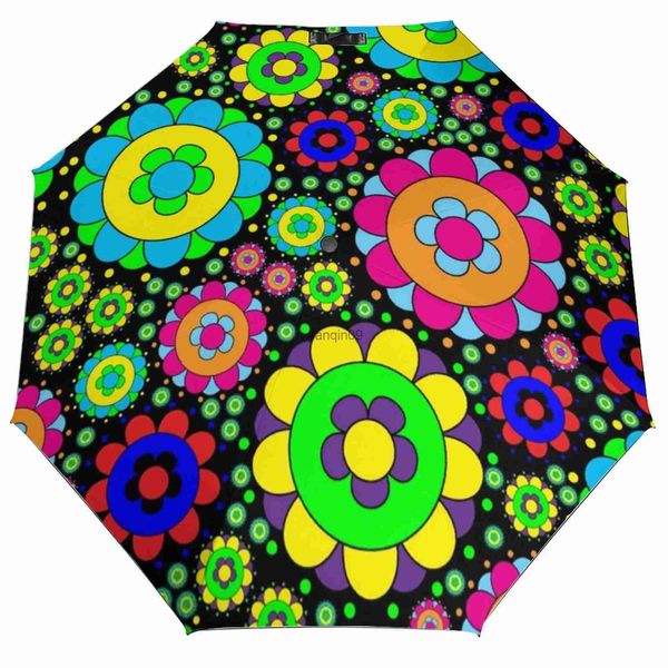 Зонтичные цветочные силовые винтажные 3 -кратные Auto Umbrella 60S 70S Hippie Print Print Ligthweight Sun и Roin