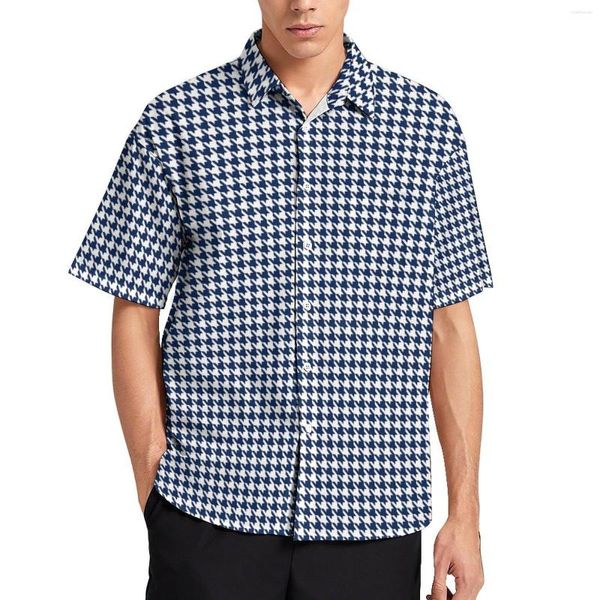 Camicie casual maschile camicia da spiaggia per la spiaggia di Houndstooth Navy Blue White Hawaiian Men Y2K Muci a manica corta Abbigliamento personalizzato di grandi dimensioni 3xl 4xl