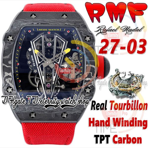 RMF 27-03 Mens Watch Real Tourbillon Mechanical Mechanical Disters Black TPT All Carbon Fiber Cable Dial