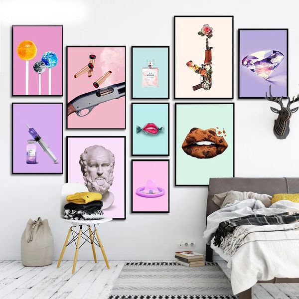 Nordische abstrakte Leinwand Malerei Süßigkeiten Keks Lippen Farbe Blume Plakat Lippenstift Waffe Wandkunst Lutschende Drucke Bilder Mädchen Schlafzimmer Hausdekor WO6