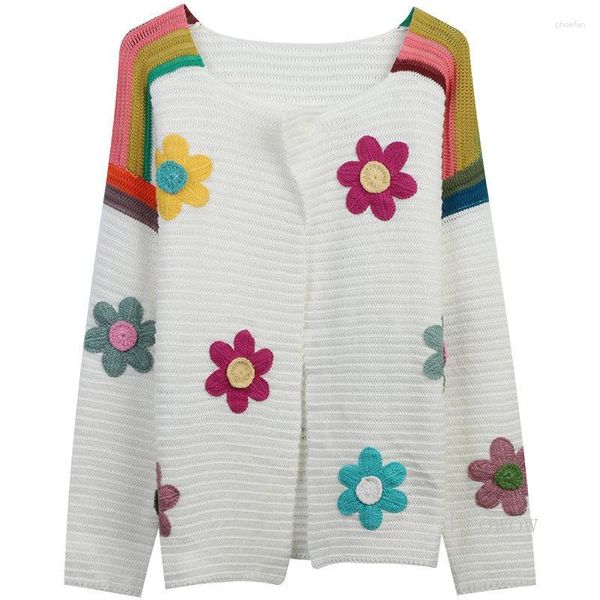 Malhas femininas Crochet Flores coloridas Cardigan Mulheres soltas malhas brancas para o outono 2023 suéter mujer