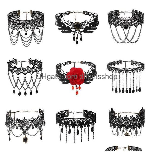 Chokers Gothic Black Flores com miçangas de renda Colar de gargantilha de pescoço Taxada vintage Mulheres punk Halloween Jóias Drop Deliver