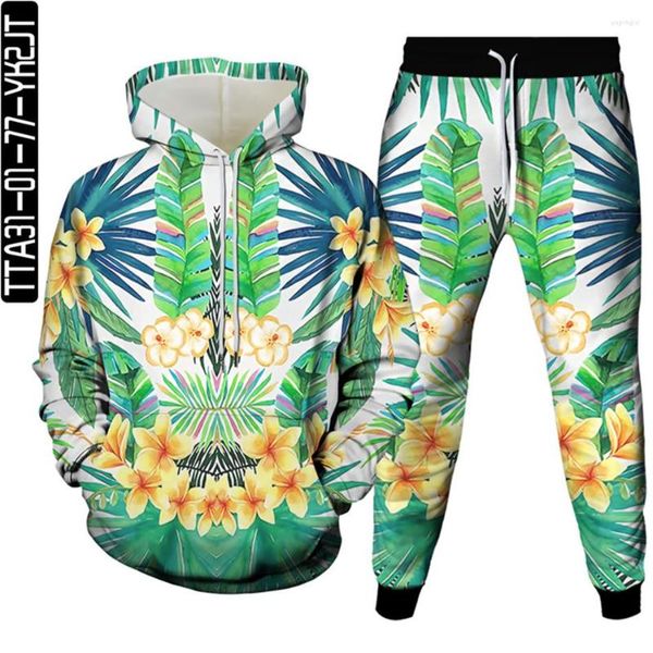 Erkekler Trailtsits Coconut Tree Flower 3D Baskı Erkekler 2pc Setler Cep Trailsuit Kadın Hoodie Pantolon Sıradan Takım Elbise Giyim Boyutu