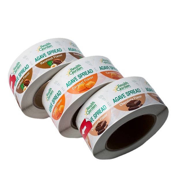 Adesivi per alimenti a prova di oleo personalizzati adesivi adesivi con rotolo stampato Snacks o etichette di decorazione del contenitore con il tuo logo e il tuo nome