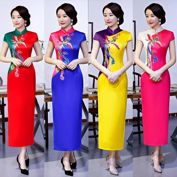 Этническая одежда в китайском стиле формальное платье женщины шелк Silk Long Qipao Vintage Elegant Print Phoenix Cheongsam