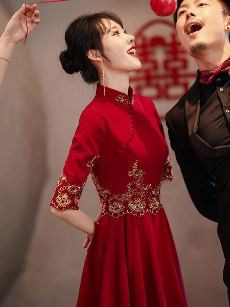 Abbigliamento etnico cheongsam abito toast vino rosso fidanzamento corto serata formale cinese per feste di matrimonio tradizionale cocktail Qipao abiti Qipao