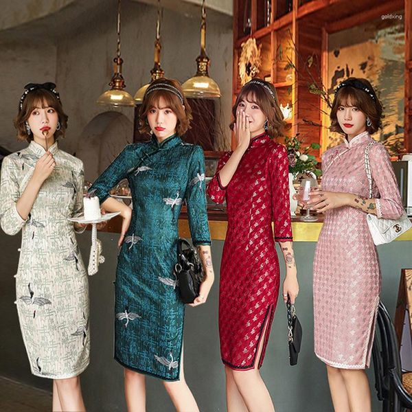 Abbigliamento etnico Cheongsam Arrivo in pizzo corto abito retrò sottile elegante abiti tradizionali cinesi abiti chinoise qipao abiti formali matrimoni