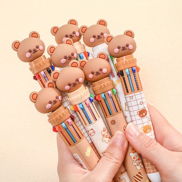 Jel Pens 10 Renk Beyaz Kalem Karikatür Ayı 0.5mm Renkli Mürekkep Jel Pens Silikon Kawaii Kalem Okul Ofis Malzemeleri Kore Kırtasiye 230816