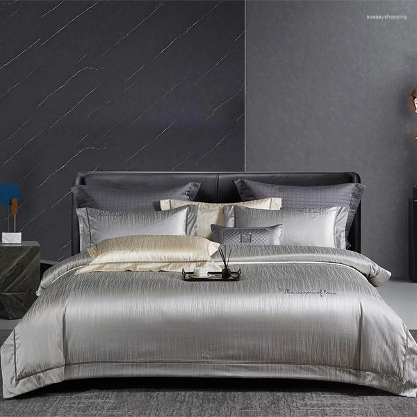 Bedding Sets Luxury Silt Silver Grey Conjunto de cetim de sedina macia e 1000tc Egito bordado de algodão egípcio Tampa de bordado de bordas de capa de capa de cama