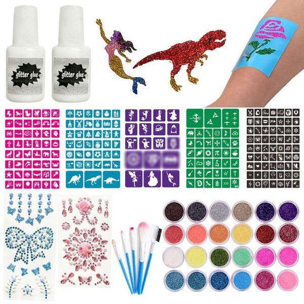 Temporäre Tattoos Glitzerfarben Tattoo Kit mit Schablonenkleber Pinsel Make -up Körperkunst Design für Kinder Malerei Pulver Halloween 2308017