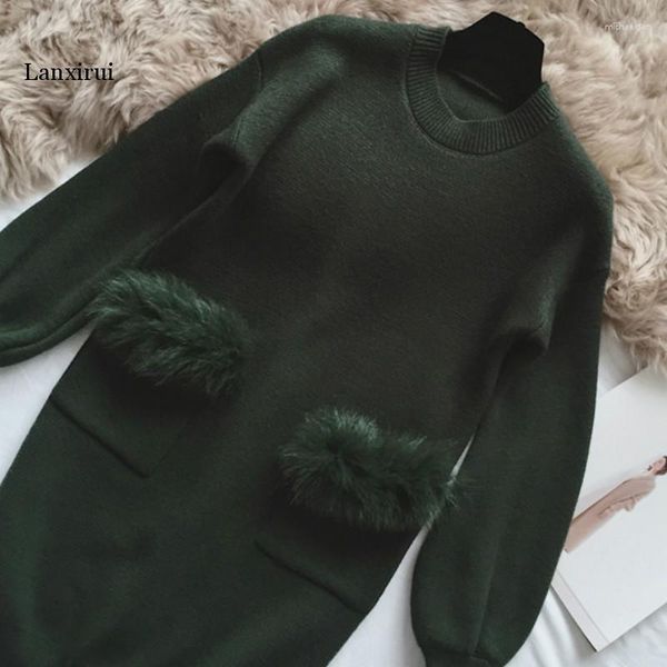 Maglioni da donna abito maglione a maglia invernale invernale sciolto a maniche lunghe pelliccia cup a doppia tasche