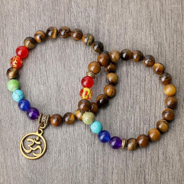 Strand 2pcs/set 7 Chakra Breads Bracelets Natural Tiger Eye Lava Stone Brangele