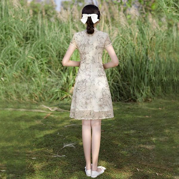 Etnik Giyim 2023 Yaz Kısa Geliştirilmiş Modern qipao Şifon Jacquard İşlemeli Cheongsam Çin Tarzı Retro Asya Akşam Elbisesi