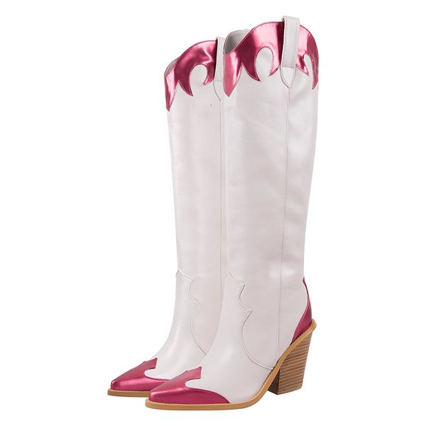 Botas de luxo cowgirl cowgirl botas ocidentais designer rosa metálico cunhas compridas botas moda moda bordada feminina grossa de salto alto sapatos 230816