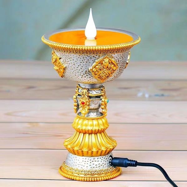 Mum Reçine 16cm Elektrikli Tayland Tereyağı Mum Lambası Şamdan Şarj Edilebilir Sarı Led Budist Altar Tibetan Bajixiang Light 230816