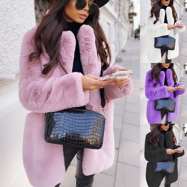 Winter Warm Faux Rabbit Fur Coat Women Mid Mid Lapel Furry Logo Pink Falt Fur Jacket for Women 2023 Plexh sobretudo