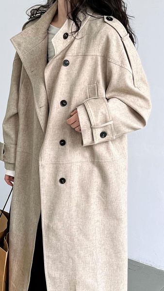 Women's Trench Coats Single Breasted Long Linen Coat Windproof Classic Lapel Slim Overcoat