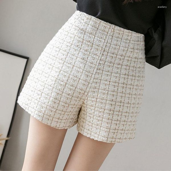 Shorts femminile Donne a quadri Donne francese Elegante tweed retrò in vita alta gambe larghe 2023 pantaloni di moda a doppio bottone S11