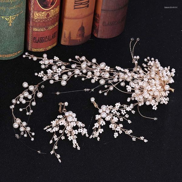 Halskette Ohrringe Set Luxus exquisites Hochzeitsgewebe Blumenhaarband Glitzer Kristall Imitation Perlen handgefertigte Kopfbedeckung VL VL