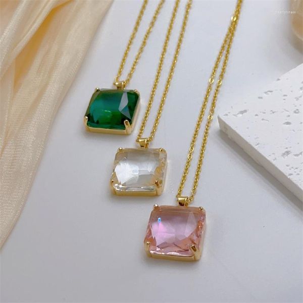 Chains Classic Personality Square Transparent Crystal Design Necklace Stylish Cute Plaid Texture Stainless Steel Clavicle Chain