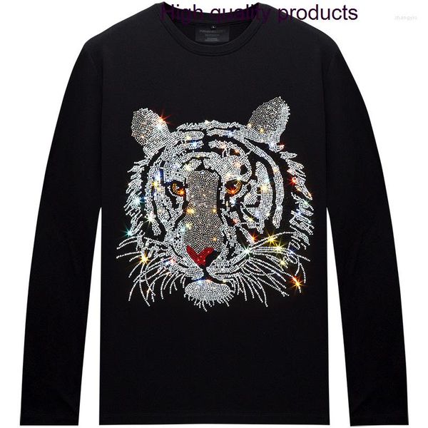 Erkek Tişörtleri Tiger 2024 Baş Rhinestones Erkek Moda Sokak Giyim O Boyun Uzun Kollu İnce Modal Pamuk Günlük Tişörtler Plus Boyutu 6xl