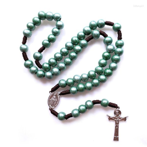 Anhänger Halsketten Qigo Grüne Strang Halskette Holz Jesus Kreuzung Rosary Jungfrau katholische religiöse Gebet Schmuck für Männer Frauen