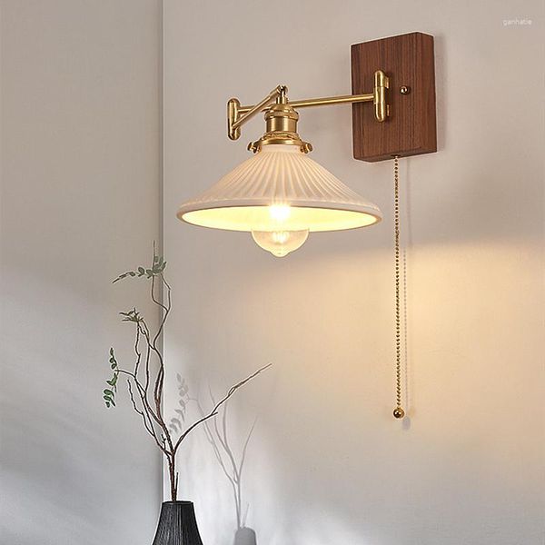 Lâmpada de parede vintage vintage de madeira sólida japonesa japonesa sconce de estar de cabeceira de cabeceira de cabeceira Luz de vidro minimalista