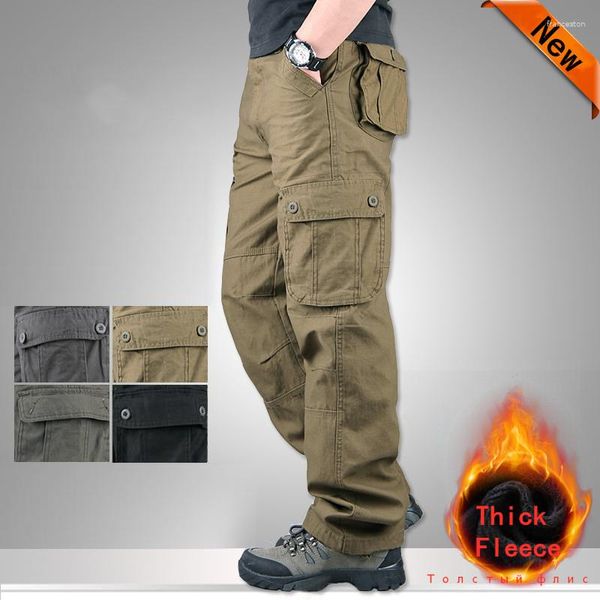 Calça masculina inverno quente espesso de dupla camada de camada casual multi -bolso multi -bolso algodão cargo folgado masculino