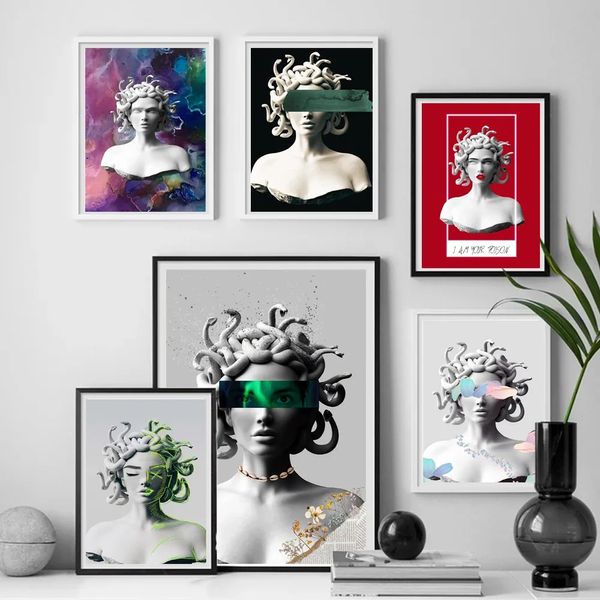 Statue Graffiti Canvas Malerei Mode Luxus Medusa Poster und Drucke Wandkunst Wandbilder für Wandmalraum Innenraum Kreatives Dekor ohne Rahmen WO6